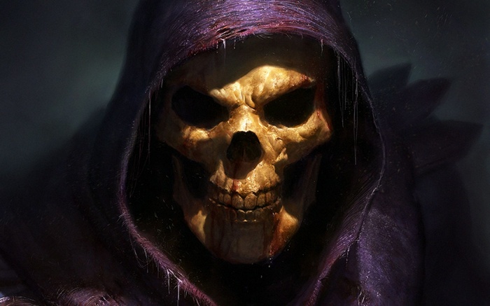 Skeletor in a purple hood