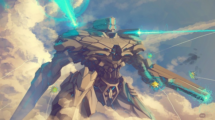 Giant Mech Fighting in the Clouds