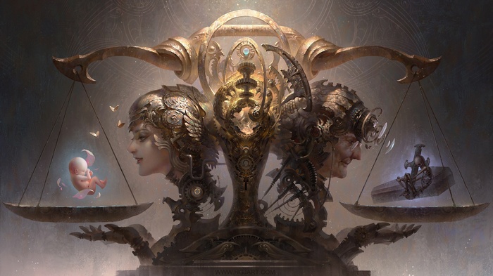 Steampunk Scales of Life and Death with Baby and Skeleton
