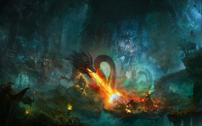 Dragon breathing fire on a fantasy landscape
