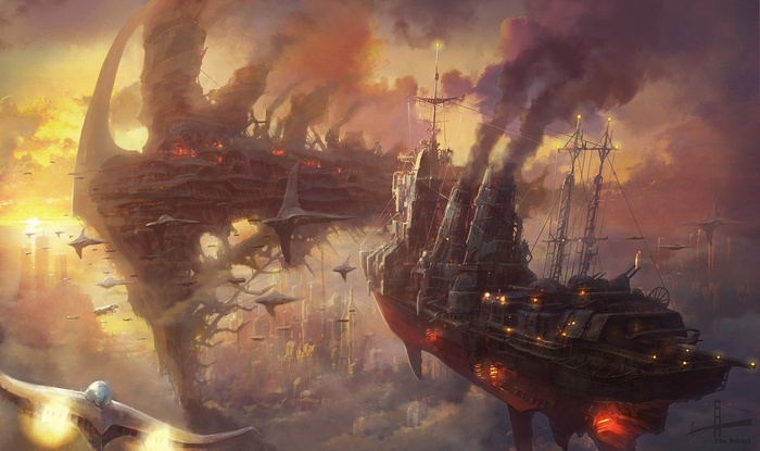 Steampunk sailing ship and city in the clouds