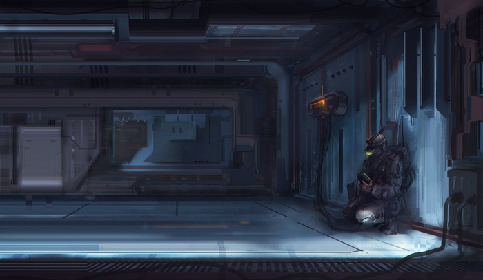 Science fiction soldier in a futuristic corridor