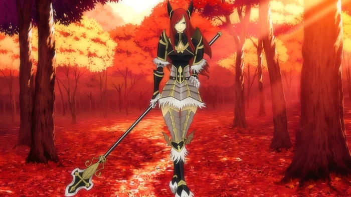 Erza Scarlet in armor with a spear in a forest