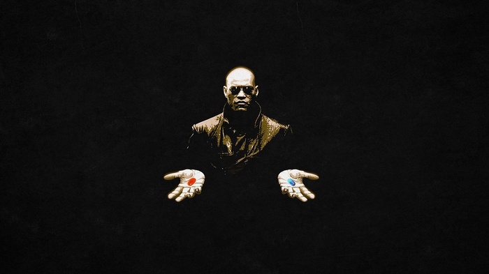 Morpheus Offers Red and Blue Pills from The Matrix