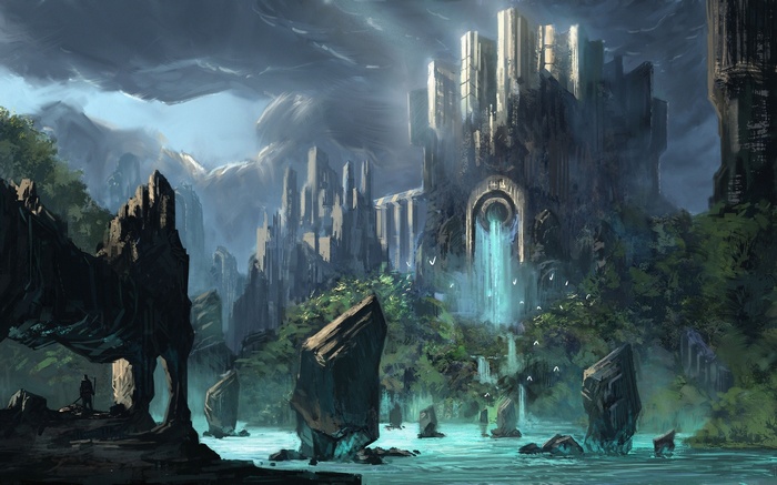 Fantasy castle with waterfall and rocky landscape