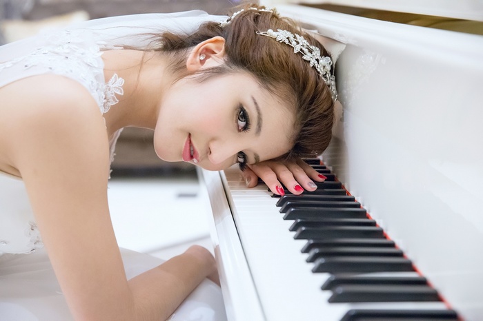 brunette, Asian, looking at viewer, painted nails, white dress, piano, women