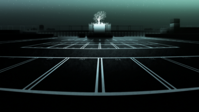 Monogatari Series anime parking lot with tree