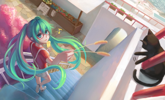 Hatsune Miku eating snacks with a cat