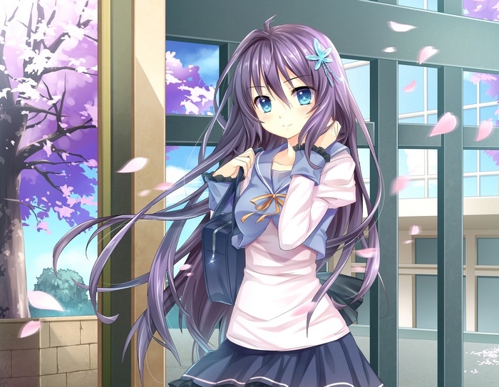 Anime girl with purple hair and blue eyes