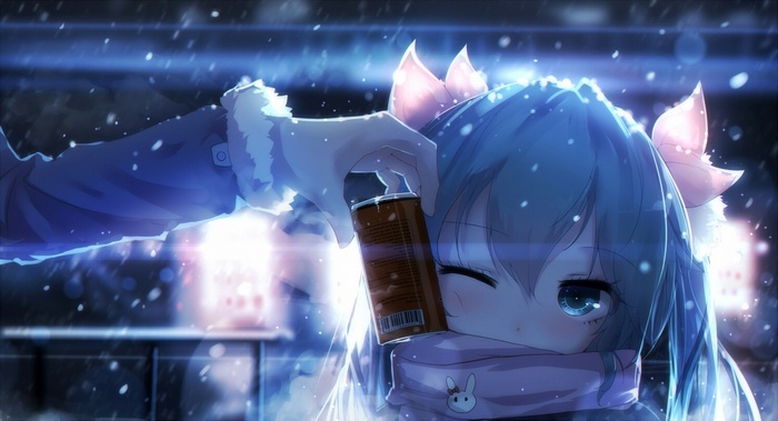 Anime girl with twintails holding a can in the snow