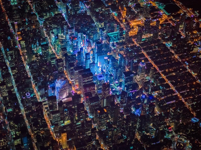Aerial view of New York City at night