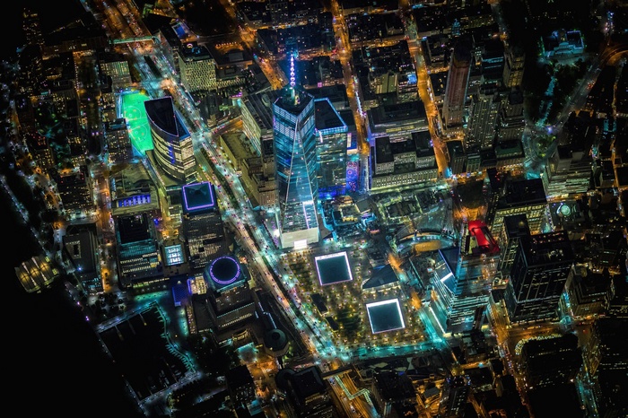 Aerial Night View of One World Trade Center, New York City