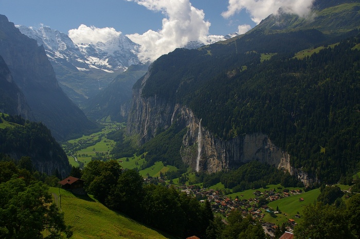 Lauterbrunnen Valley with waterfalls and snow-capped mountains