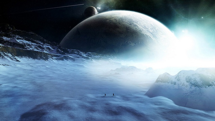 Two figures walk across a frozen alien planet with large planets in the sky