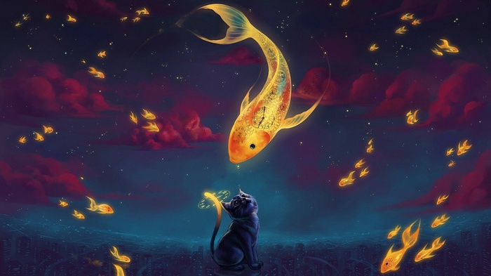 clouds, goldfish, fantasy art, animals, night, digital art, stars, cat, watches, nature, clockwork, artwork, fish, clocks, dials, surreal, skyscraper, cartoon, numbers