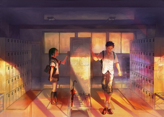 School hallway with students at lockers