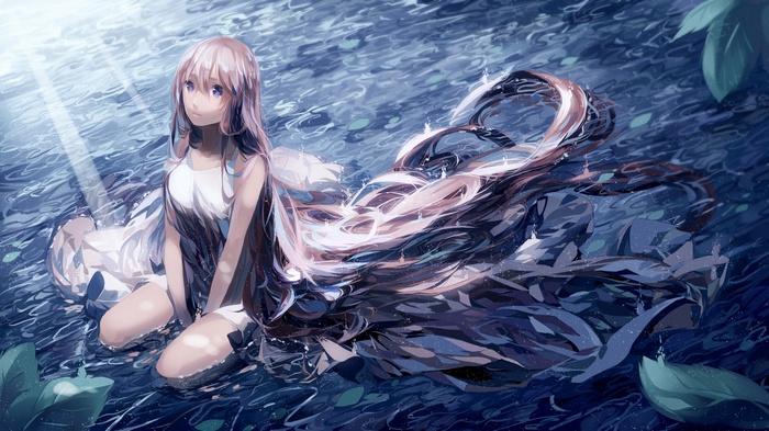 Megurine Luka sitting in water with flowing hair