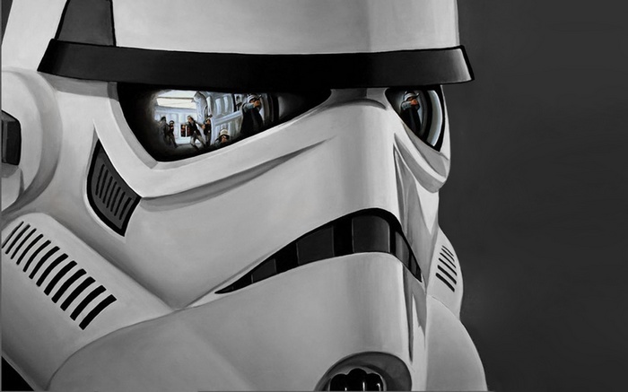 Stormtrooper helmet reflecting a street scene