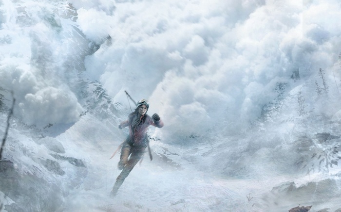 Lara Croft running through an avalanche in Rise of the Tomb Raider concept art