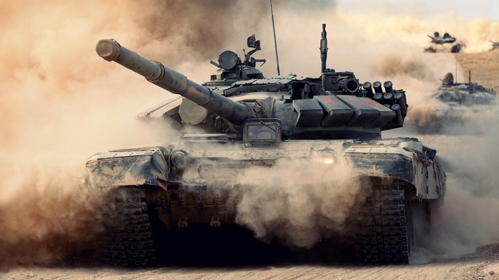 T-90 tank in a dusty desert environment