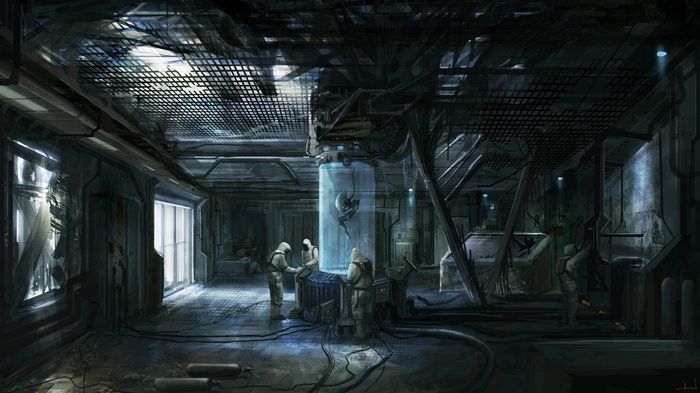 Scientists examine alien specimen in futuristic laboratory