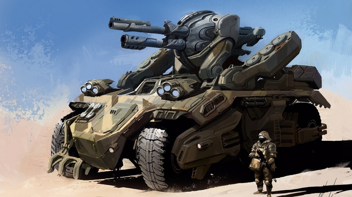 Fantasy art of a futuristic tank with a soldier