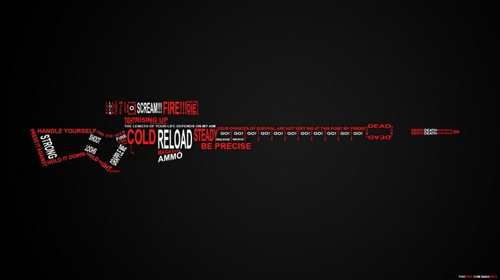 Typography forming a sniper rifle with action words