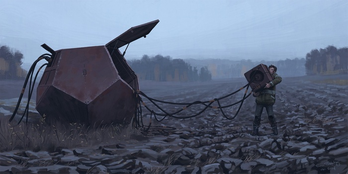 Simon Stålenhag drawing of a person with a futuristic device