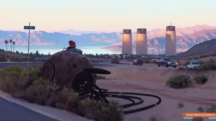 Science fiction landscape with futuristic towers and a robot