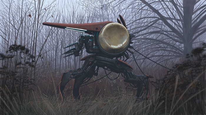 Simon Stålenhag robot in a foggy forest
