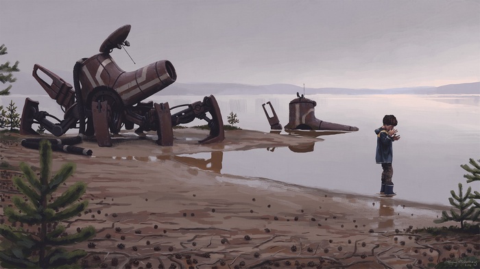 Simon Stålenhag drawing of a boy and a robot by the water