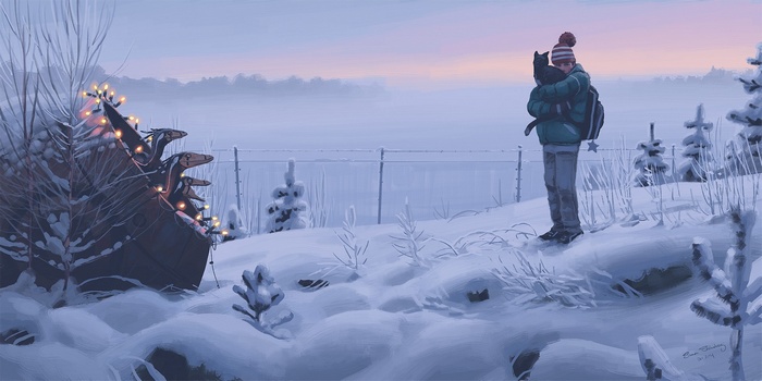 Simon Stålenhag drawing of a person with a cat in a snowy landscape