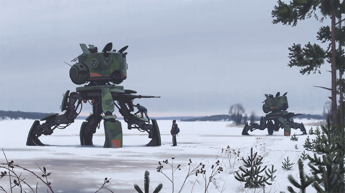 Simon Stålenhag's robots in a snowy landscape