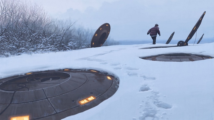 Simon Stålenhag's drawing of UFOs in the snow
