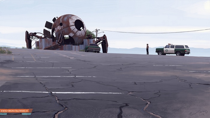 Simon Stålenhag's drawing of a crashed futuristic machine