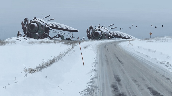 Simon Stålenhag drawing of robots in a snowy landscape