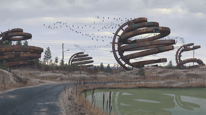 Simon Stålenhag's drawing of futuristic spiral structures