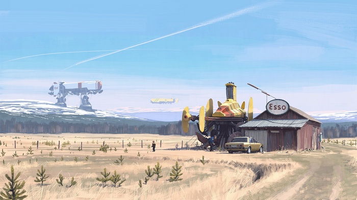 Simon Stålenhag's futuristic landscape with a gas station