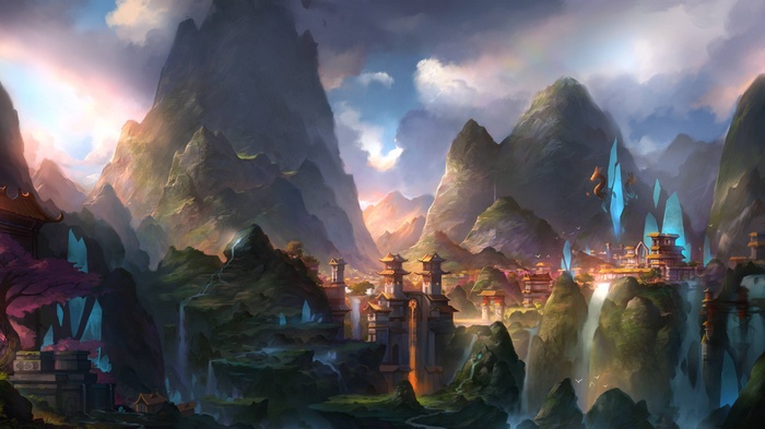 Fantasy landscape with mountains and a village