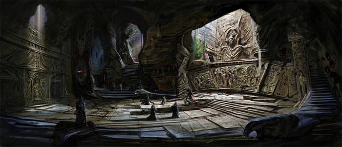 Ancient ruins with figures in a cavernous hall