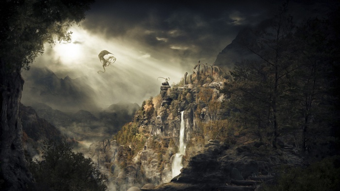 Dragon flying over a waterfall in Skyrim