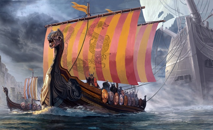 Vikings on Drakkar boats sailing in rough seas