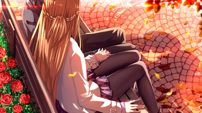 Yuuki Asuna and Kirito on a bench with roses