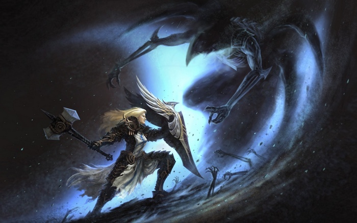Diablo III warrior fighting a shadowy monster