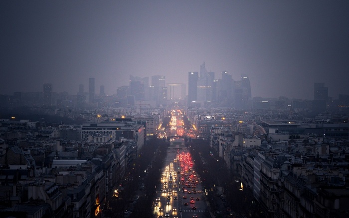 Cityscape with traffic in the rain