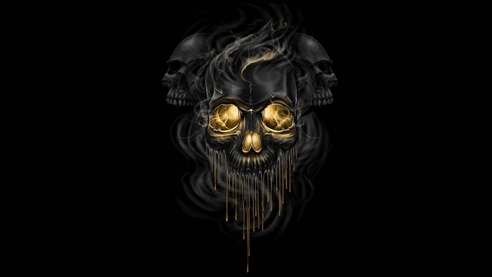 Artwork of three skulls with golden eyes and smoke