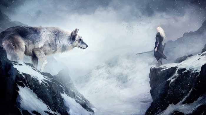 Fantasy art of a wolf and a woman in mountains