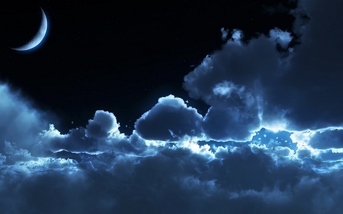 clouds, Moon, night, stars