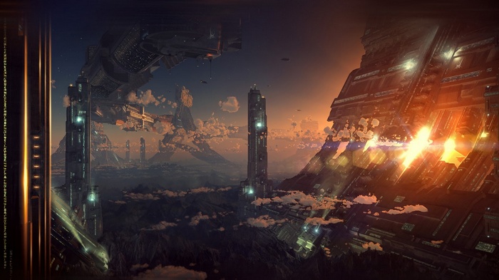 Science fiction cityscape with futuristic towers and spacecraft