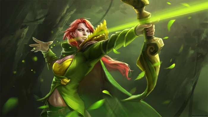 Windranger aiming her bow in a forest